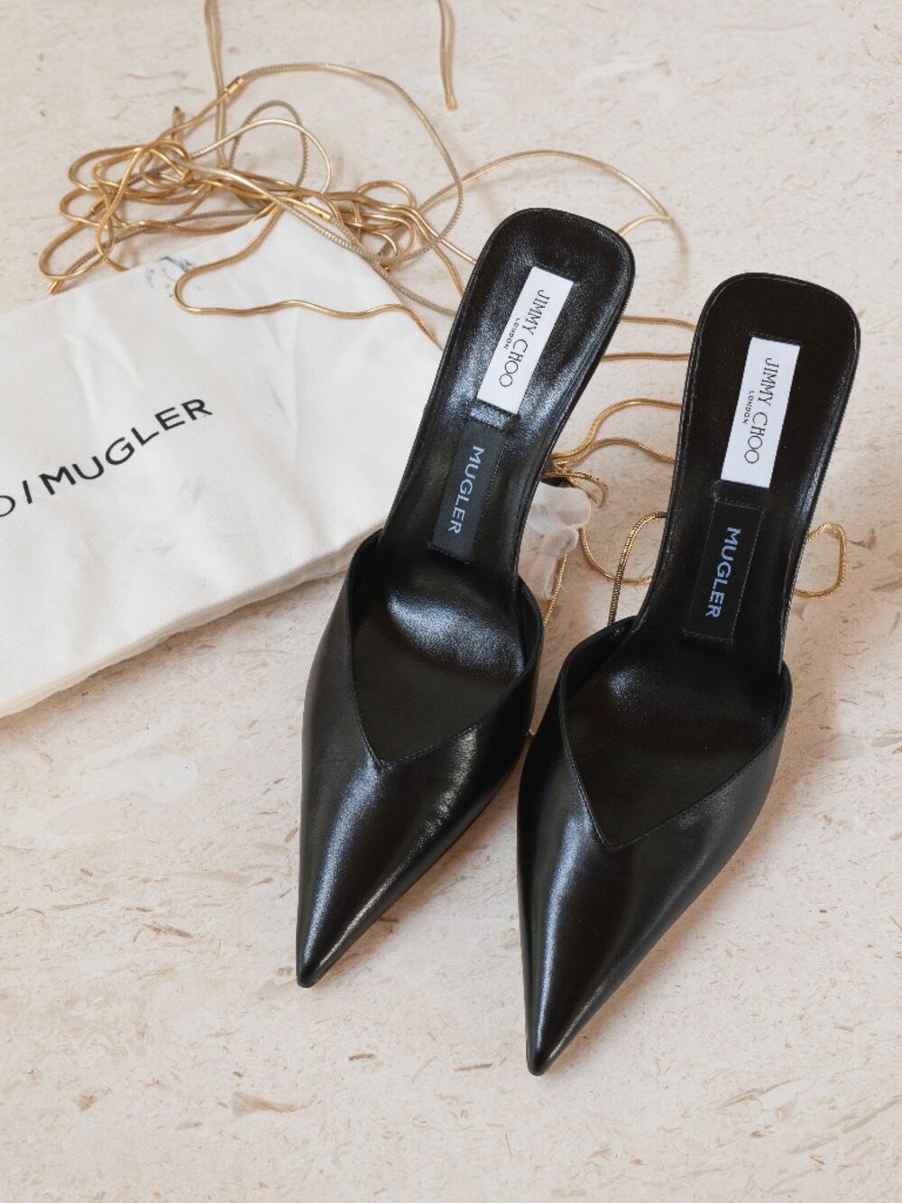 NWOB Jimmy Choo x Mugler Black Leather Chain Strap Pumps Size 37